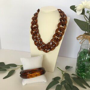 Faux Tortoiseshell Acrylic Chunky Necklace & Bangle Bracelet Set